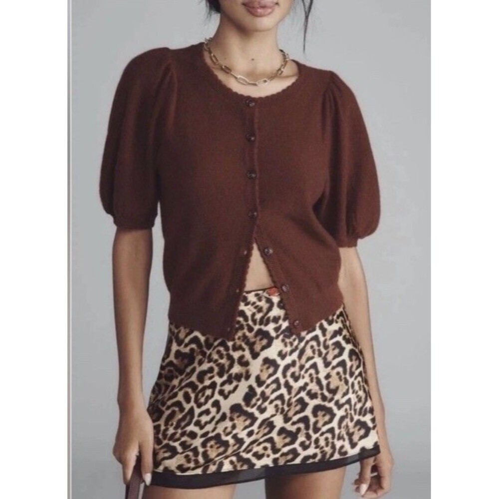 Maeve The Cashmere Collection Rich Brown Short Puff Sleeve Button Cardigan Sz M